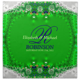 Green & Satin Silver Lace Monogram Wedkin Napkin Serviette