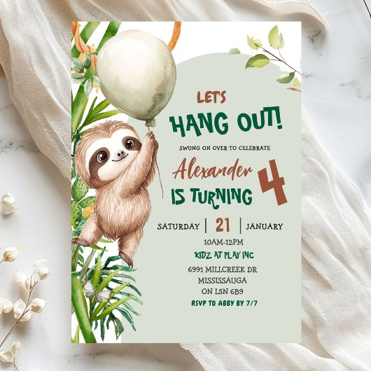 Green Savannah Sloth Let's Hang Out Birthday Einladung