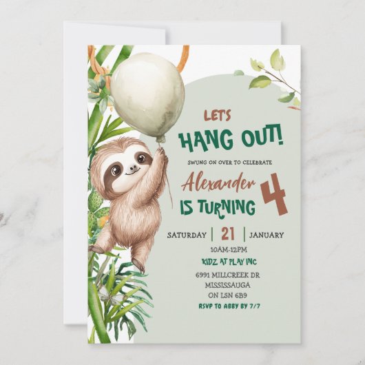 Green Savannah Sloth Let's Hang Out Birthday Einladung (Vorderseite)