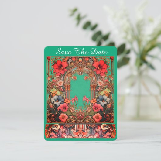 Green Save the Date Card Mucha Style (Stehend Vorderseite)