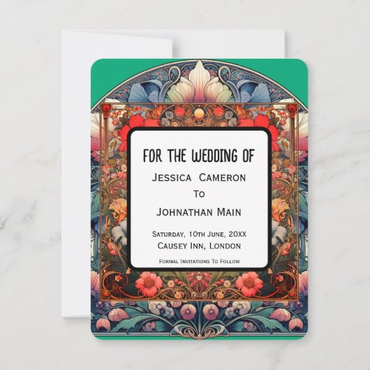 Green Save the Date Card Mucha Style (Rückseite)
