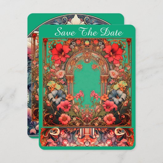 Green Save the Date Card Mucha Style (Vorne/Hinten)