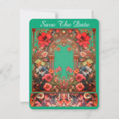 Green Save the Date Card Mucha Style (Vorderseite)