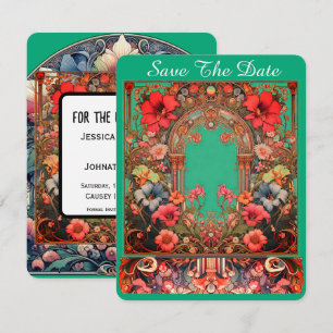 Green Save the Date Card Mucha Style