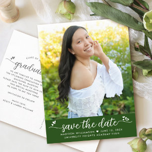 Green Save the Date Foto Abschluss Skriptherzen Einladungspostkarte