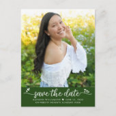 Green Save the Date Foto Abschluss Skriptherzen Einladungspostkarte (Vorderseite)