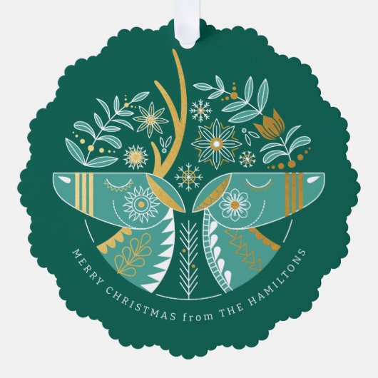 Green Scandi Reindeer Pair Weihnachten Ornament Karte (Vorderseite)