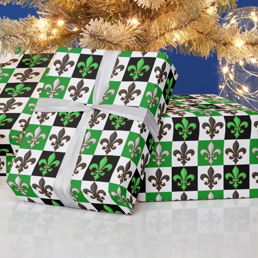 Green Schwarz-weiß Checkered Fleur-de-lis-Design Geschenkpapier