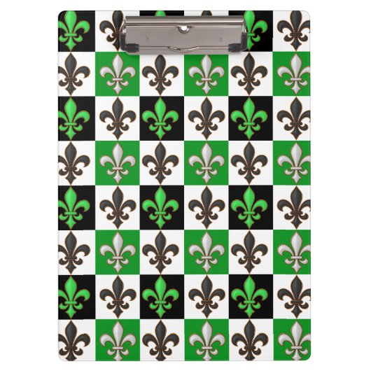Green Schwarz-weiß Checkered Fleur-de-lis-Design Klemmbrett (Vorderseite)