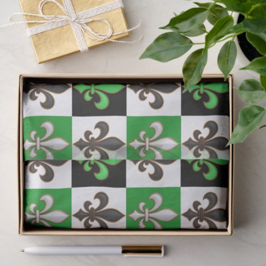 Green Schwarz-weiß Checkered Fleur-de-lis-Design Seidenpapier (Geschenk)