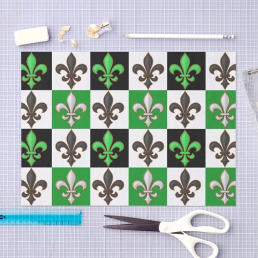 Green Schwarz-weiß Checkered Fleur-de-lis-Design Seidenpapier (Handwerk)