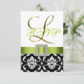 Green Schwarz-weiß Damask Initial L Wedding RSVP Einladung (Stehend Vorderseite)