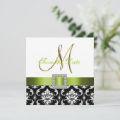 Green Schwarz-weiß Damask Save the Date-Karte Date (Stehend Vorderseite)