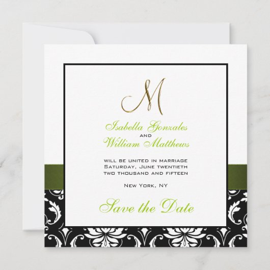 Green Schwarz-weiß Damask Save the Date-Karte Save The Date (Rückseite)