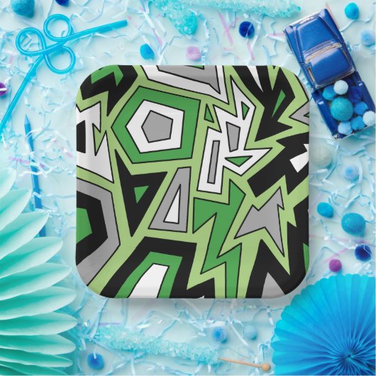 Green Schwarz-weiß Gray Aro Geometric Abstrakt Pappteller (Party)