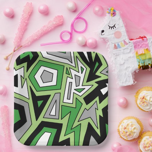 Green Schwarz-weiß Gray Aro Geometric Abstrakt Pappteller (Party)