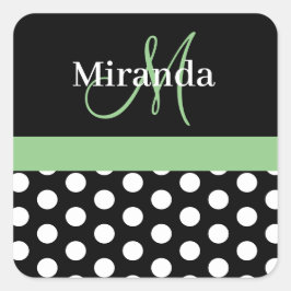 Green Schwarz-weiß Polka Dot Monogram Quadratischer Aufkleber