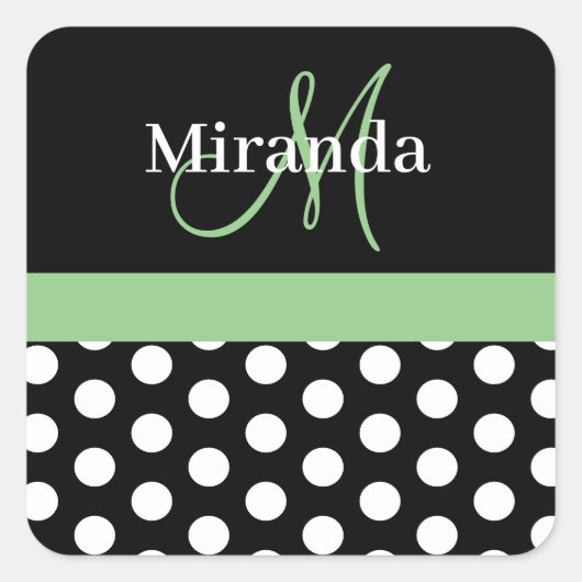 Green Schwarz-weiß Polka Dot Monogram Quadratischer Aufkleber (Vorderseite)