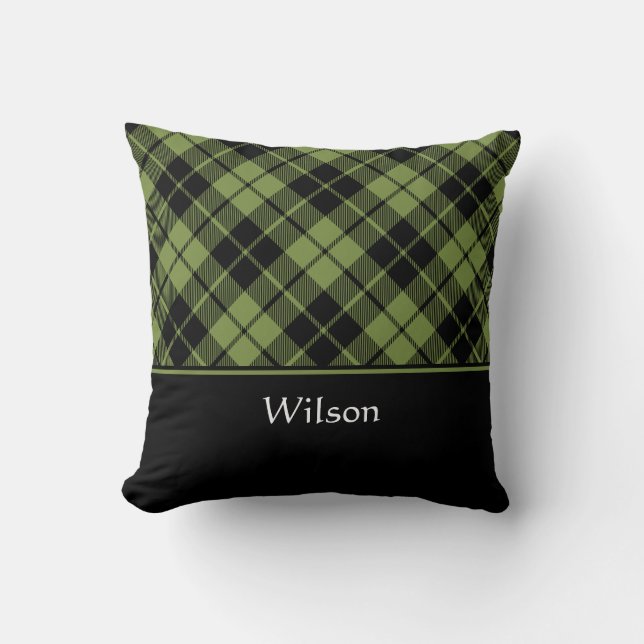Green Scottish Tartan Karierter Personalisierter N Kissen (Vorderseite)