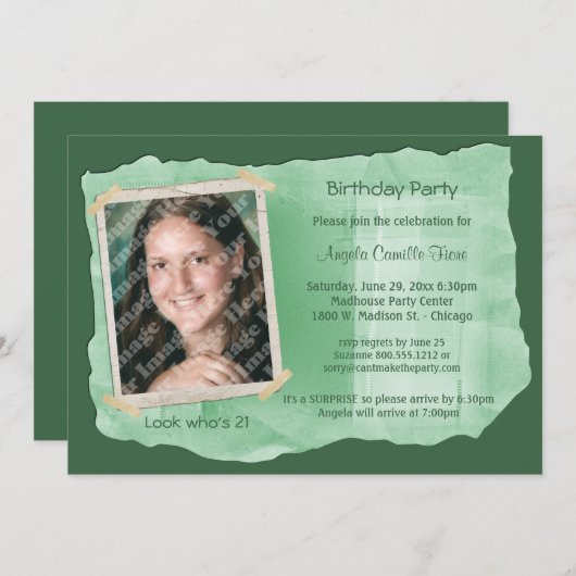 Green Scrapbook Foto Überraschung Party Einladung (Vorne/Hinten)