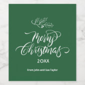 Green Script Calligraphy Frohe Weihnachten Weinetikett (Einzelnes Label)