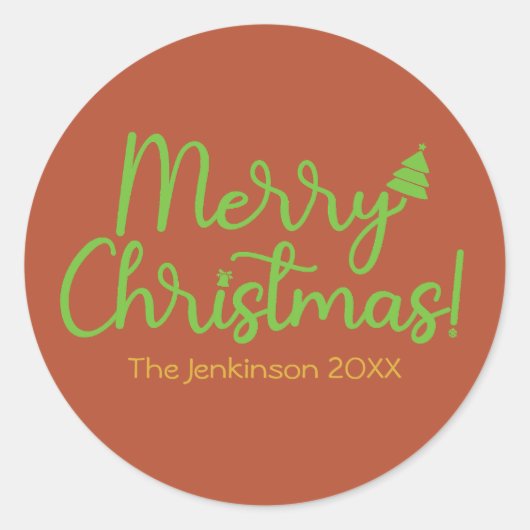 Green Script Frohe Weihnachten auf Reddish-Brown Runder Aufkleber (Vorderseite)