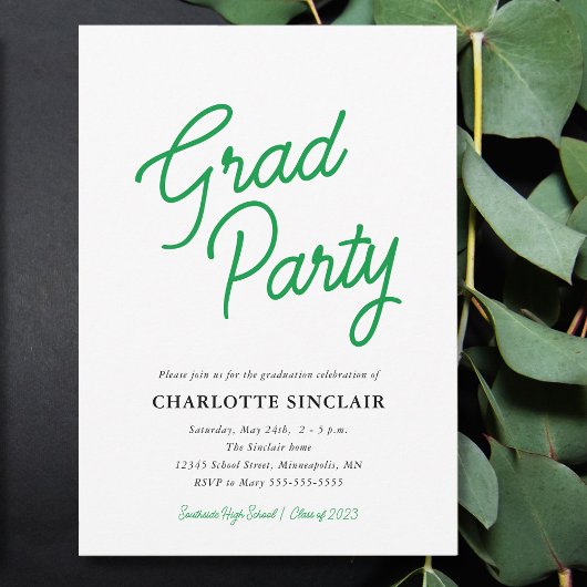 Green Script Simple Budget Grad Party Einladung