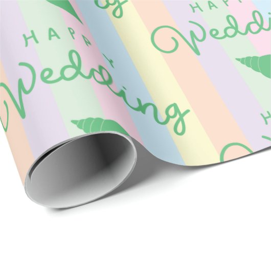 Green Seashells Happy Wedding Text Rainbow Stripin Geschenkpapier (Rolleneckpunkt)