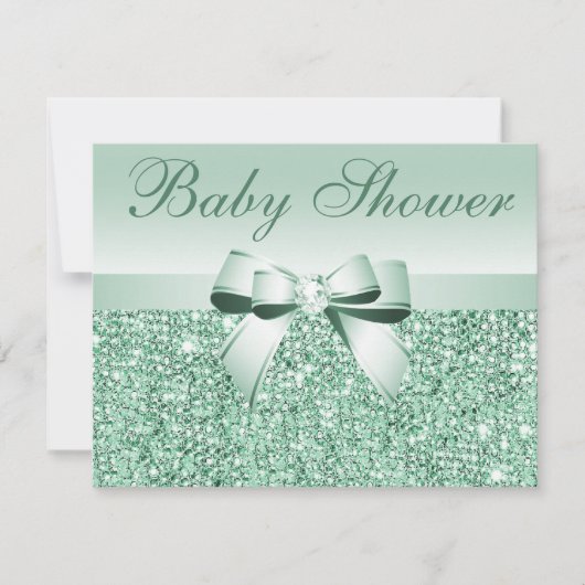 Green Sequins, Bow & Diamond Baby Shower Einladung (Vorderseite)