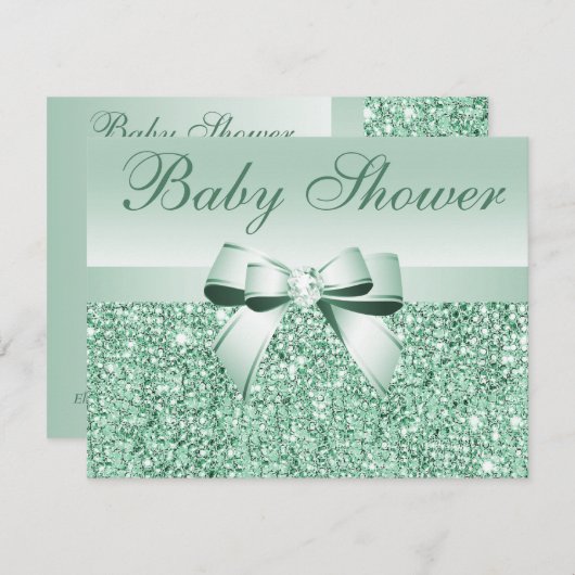 Green Sequins, Bow & Diamond Baby Shower Einladung (Vorne/Hinten)