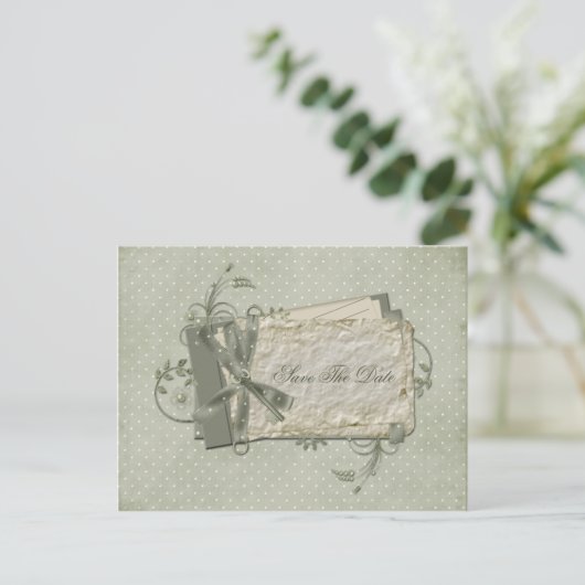 Green Shabby Dotted Swiss Save the Date Ankündigungspostkarte (Stehend Vorderseite)