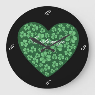 green Shamrock heart St Patrick's Day Große Wanduhr