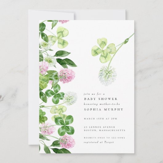 Green Shamrock Purple Clover Irish Baby Shower Einladung (Vorderseite)