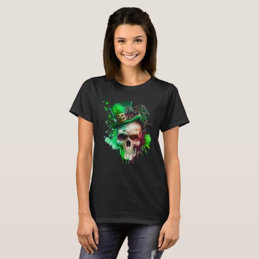 Green Shamrock Skull Irish Ireland St Patricks Day T-Shirt (Vorne ganz)