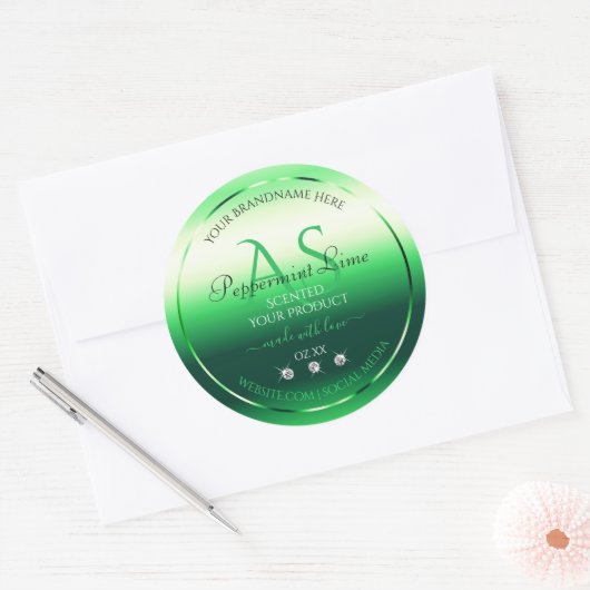 Green Shimmery Product Labels Rhinestones Monogram Runder Aufkleber (Umschlag)