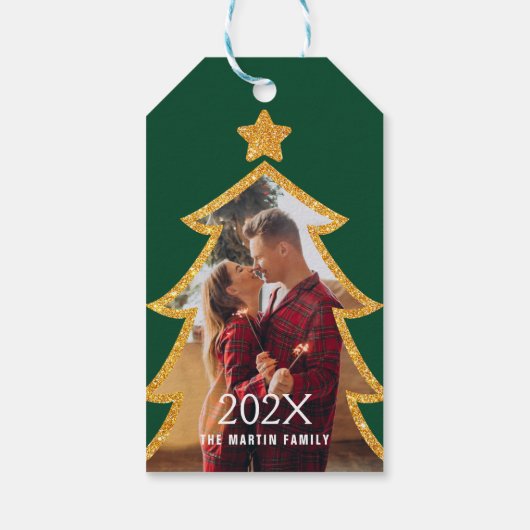 Green Shiny Christmas Tree Personalized Photo Geschenkanhänger (Rückseite)