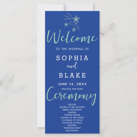 Green Shooting Stars Dark Blue Wedding Program (Vorderseite)