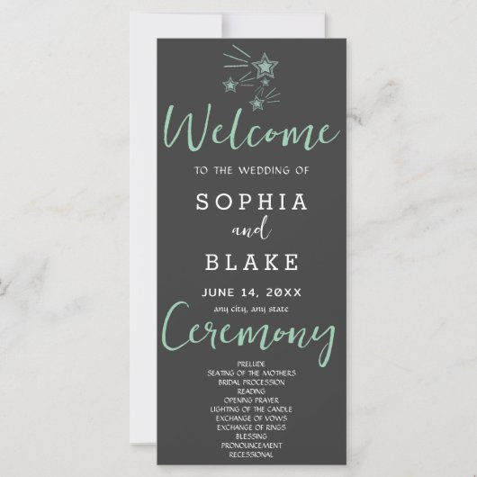 Green Shooting Stars Gray Wedding Program (Vorderseite)