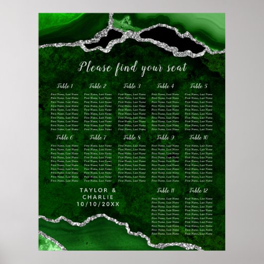 Green Silver Agate Wedding Seating Chart 12 Table Poster (Vorne)