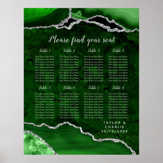 Green Silver Agate Wedding Seating Chart 8 Table Poster (Vorne)