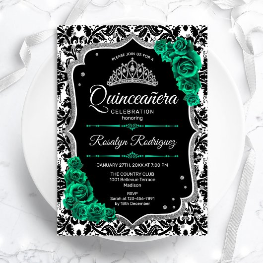Green Silver Black Damask Elegantes Quinceanera Einladung