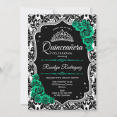 Green Silver Black Damask Elegantes Quinceanera Einladung (Vorderseite)