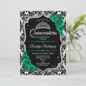 Green Silver Black Damask Elegantes Quinceanera Einladung (Stehend Vorderseite)