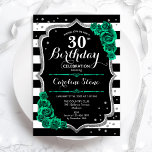 Green Silver Black Floral 30. Geburtstag Einladung<br><div class="desc">60. Geburtstagsfeier Einladung. Elegantes florales smaragdgrünes Design mit Imitaten Glitzer Silber und Rose. Enthält schwarz-weiße Streifen und Skript-Schriftart. Ideal für eine stilvolle Damenfeier. Kann für jedes Alter angepasst werden! Gedruckte Zazzle Einladungen oder Sofortdownload digitalen druckbaren Vorlage.</div>