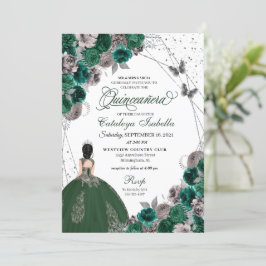 Green Silver Butterfly Princess Quinceanera Einladung