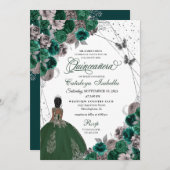 Green Silver Butterfly Princess Quinceanera Einladung (Vorne/Hinten)