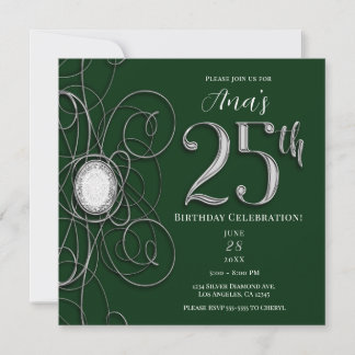 Green & Silver Diamond 25 25. Geburtstagsparty Einladung