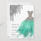 Green Silver Dress Glitzer Tropfen 16 . Geburtstag Einladung (Vorderseite)
