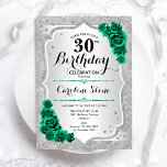 Green Silver Elegant Floral 30. Geburtstag Einladung<br><div class="desc">30. Geburtstag Party Einladung. Elegantes florales smaragdgrünes Design mit Rose. Enthält Imitate Glitzer silberne Streifen und Skript-Schriftart. Ideal für eine stilvolle Damenfeier. Kann für jedes Alter angepasst werden! Gedruckte Zazzle Einladungen oder Sofortdownload digitalen druckbaren Vorlage.</div>