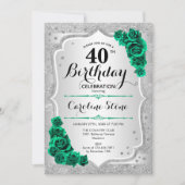 Green Silver Elegant Floral 40. Geburtstag Einladung (Vorderseite)
